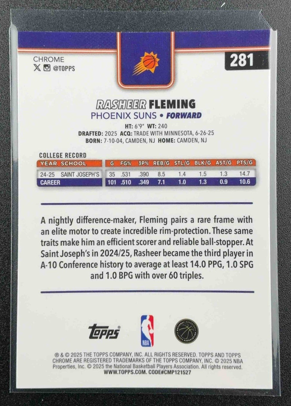 RASHEER FLEMING 2025-26 TOPPS CHROME #281 RAYWAVE GREEN REFRACTOR 40/99 RC SUNS