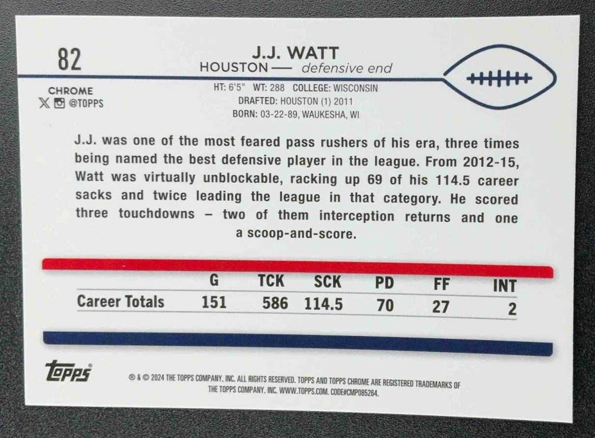 J.J. WATT 2024 TOPPS CHROME #82 X-FRACTOR TEXANS