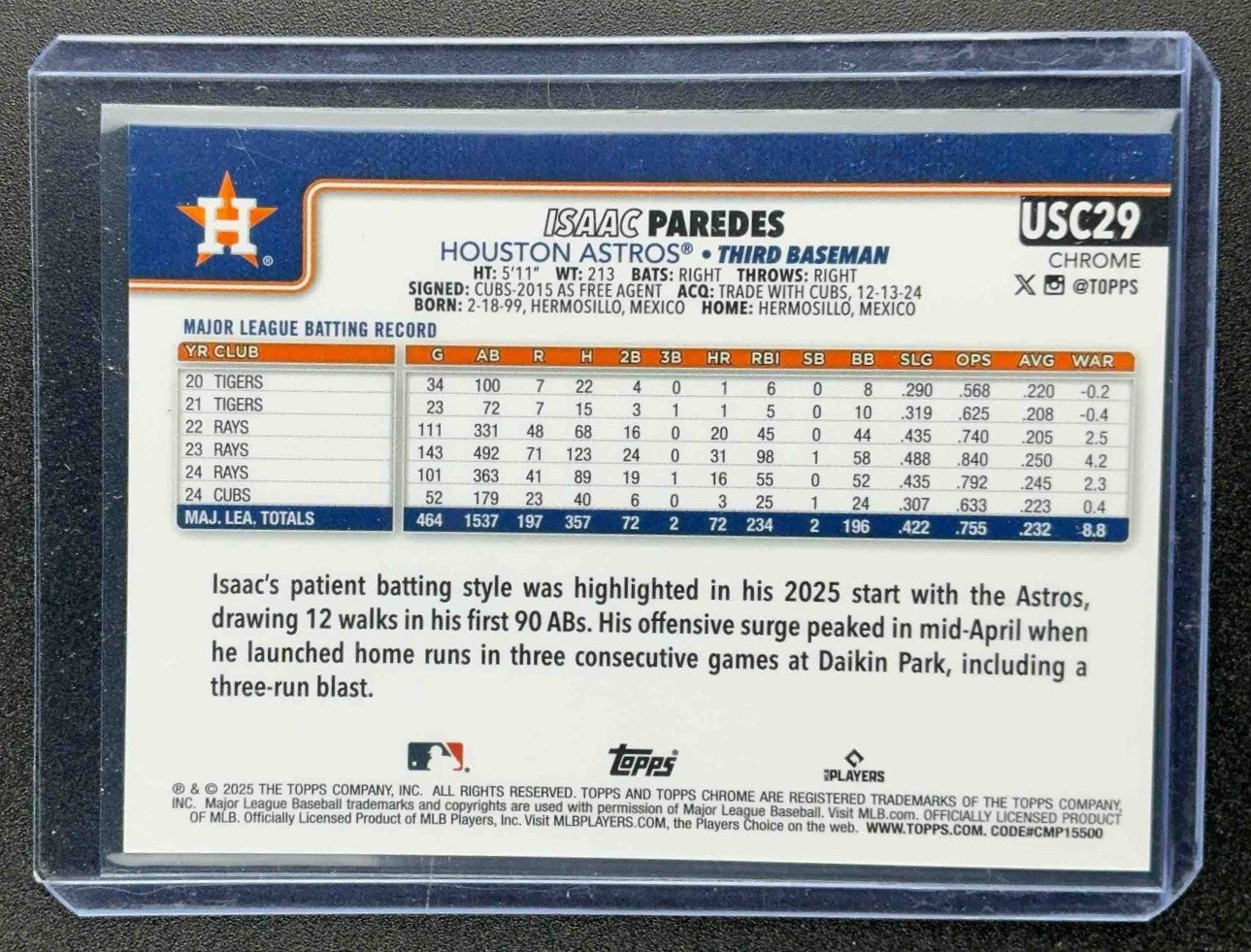 ISAAC PAREDES 2025 TOPPS CHROME UPDATE #USC29 ORANGE LAVA REFRACTOR 11/25 ASTROS