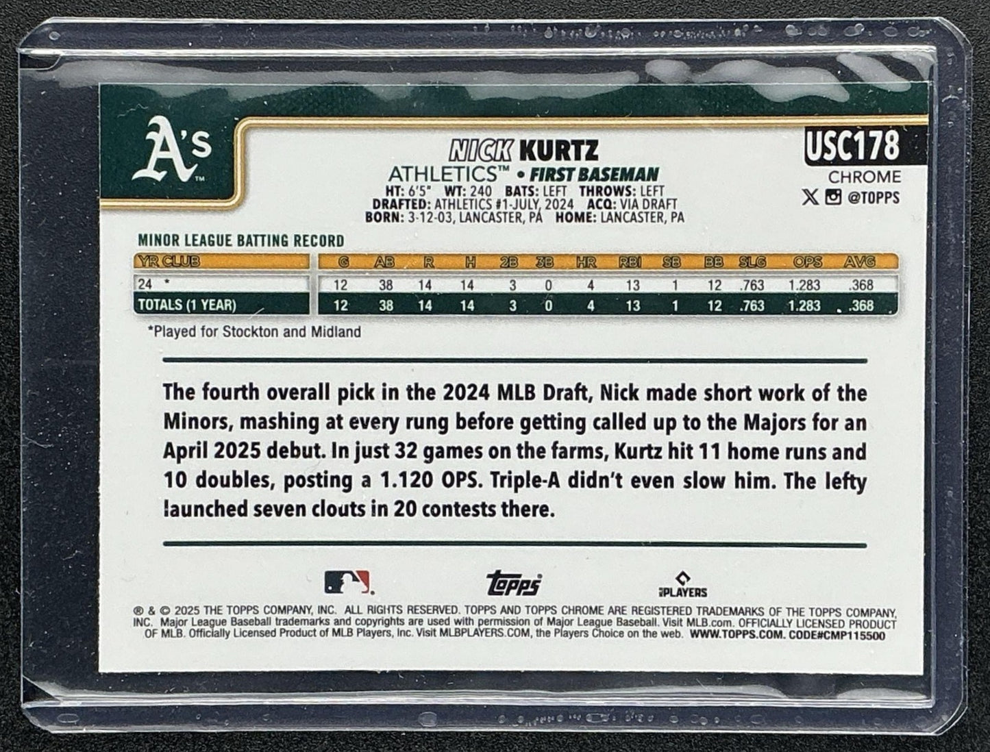 NICK KURTZ 2025 TOPPS CHROME UPDATE #USC178 RC ATHLETICS