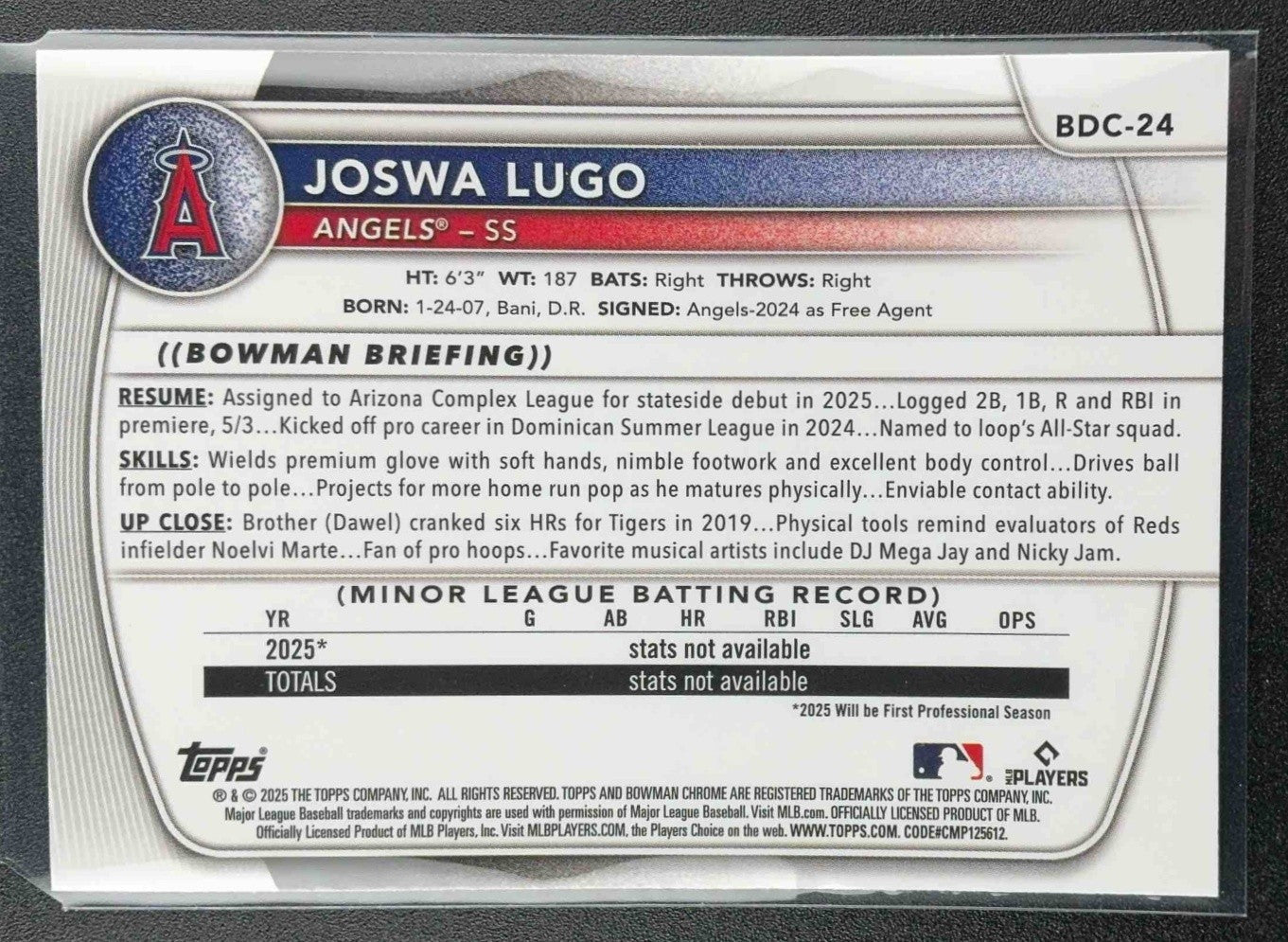 JOSWA LUGO 2025 BOWMAN DRAFT #BDC-24 CHROME LASER REFRACTOR ANGELS