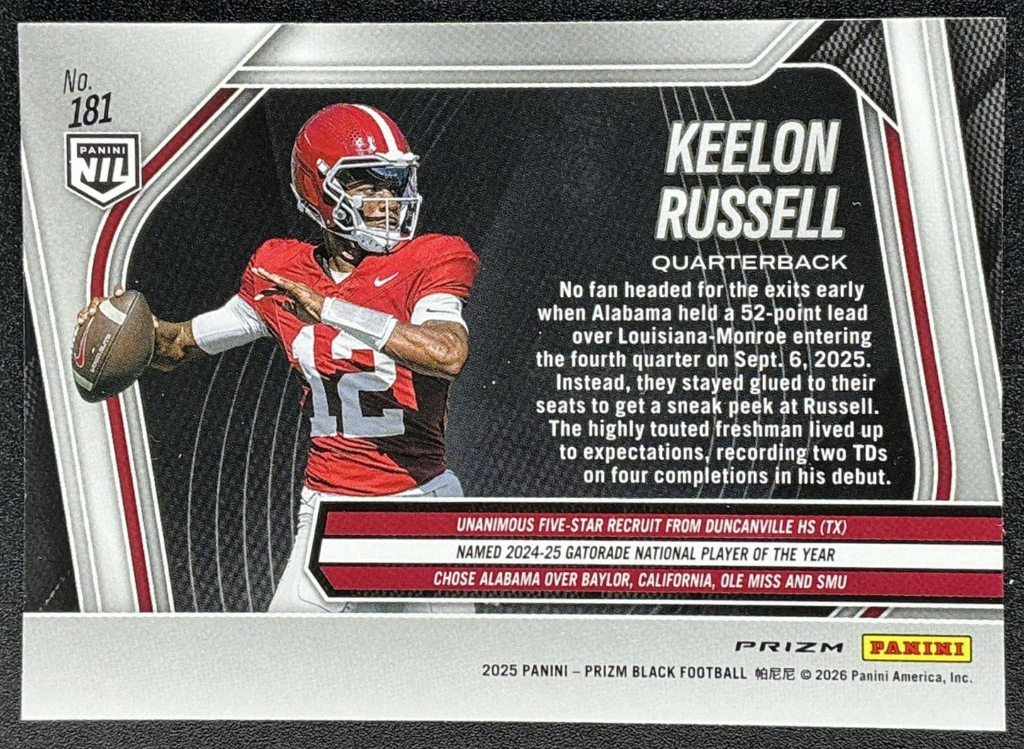 KEELON RUSSELL 2025 PANINI PRIZM BLACK #181 PROSPECTS SILVER CRIMSON TIDE