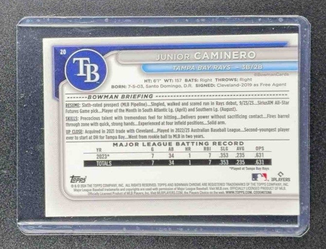 JUNIOR CAMINERO 2024 BOWMAN MEGA BOX #20 MOJO REFRACTOR RAYS
