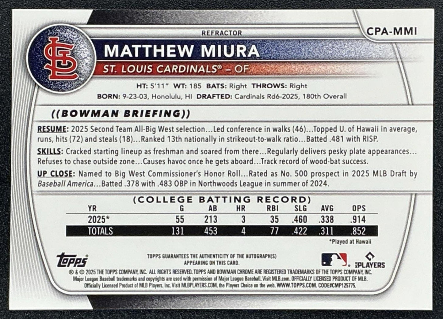 2025 Bowman Draft Matthew Miura #CPA-MMI Chrome Auto Refractor /499 1st Prospect
