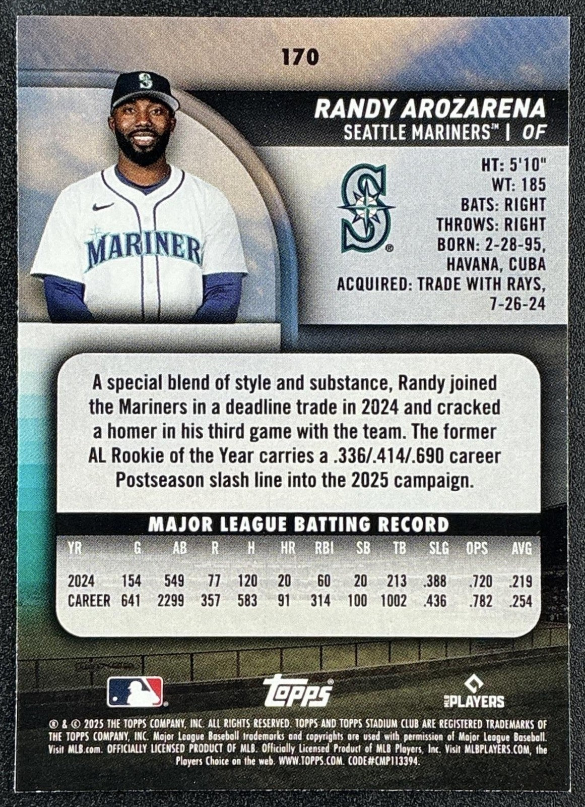 RANDY AROZARENA 2025 TOPPS STADIUM CLUB #170 RED FOIL MARINERS