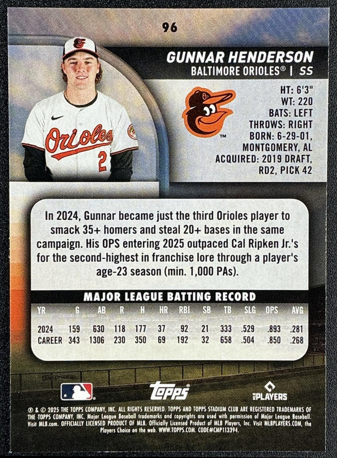 GUNNAR HENDERSON 2025 TOPPS STADIUM CLUB #96 ORIOLES