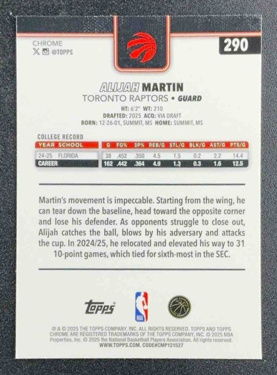 ALIJAH MARTIN 2025-26 TOPPS CHROME #290 RAYWAVE REFRACTOR RC RAPTORS
