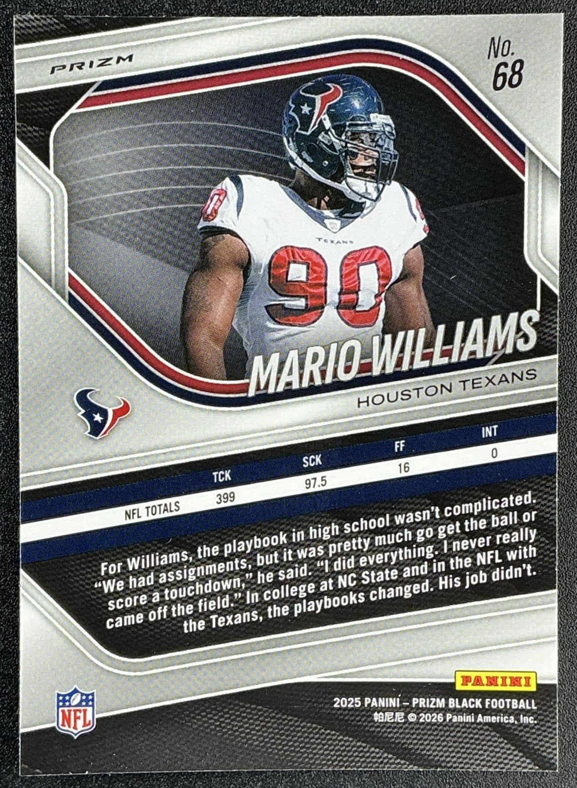 MARIO WILLIAMS 2025 PANINI PRIZM BLACK #68 PULSAR TEXANS