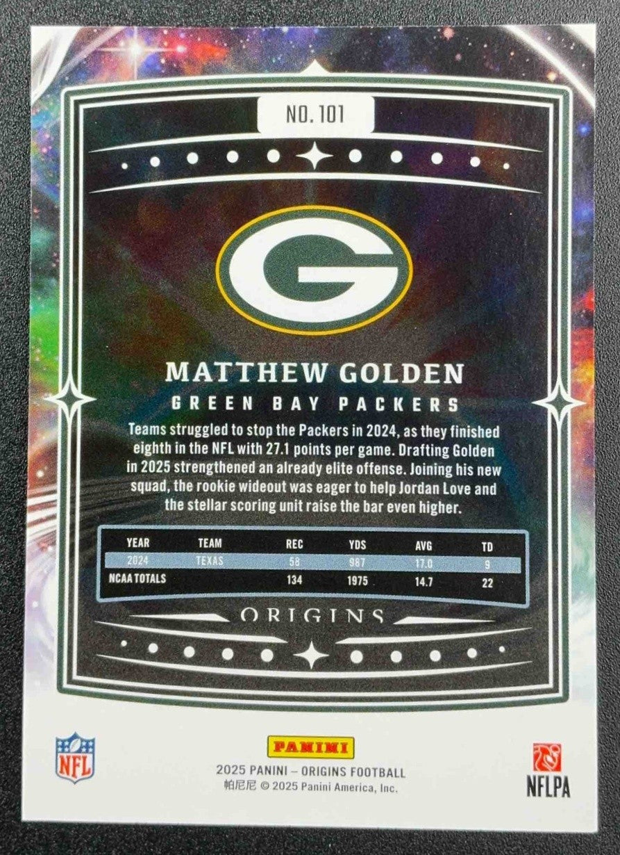 MATTHEW GOLDEN 2025 PANINI ORIGINS #101 ROOKIE RC PACKERS