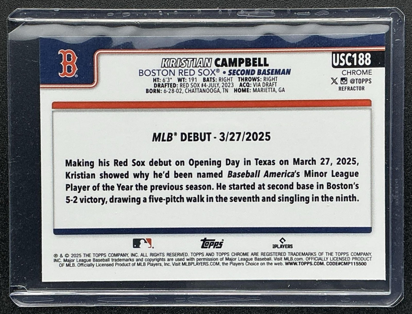 KRISTIAN CAMPBELL 2025 TOPPS CHROME UPDATE #USC188 REFRACTOR RC RED SOX