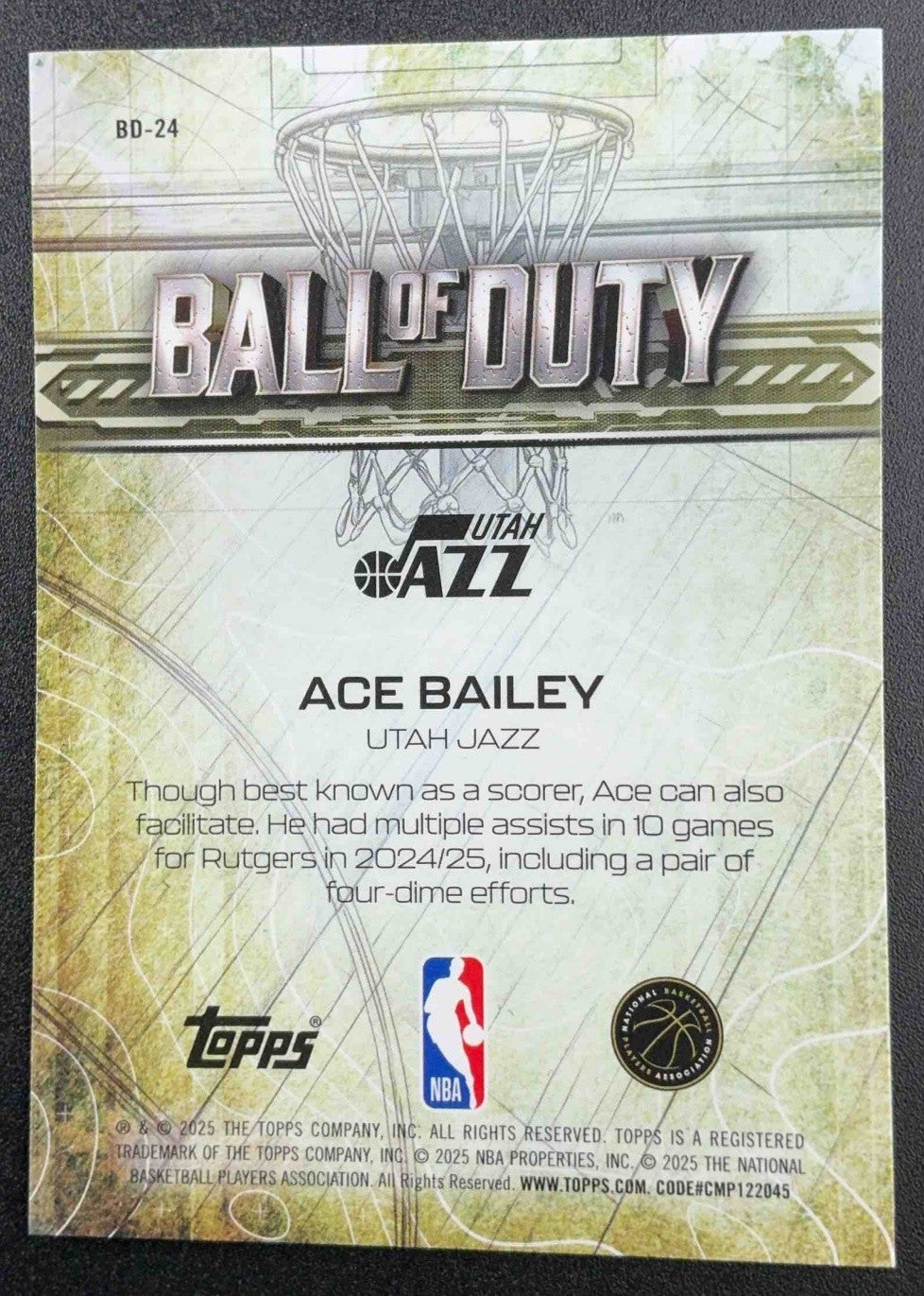 ACE BAILEY 2025-26 TOPPS CHROME #BD-24 BALL OF DUTY RC JAZZ