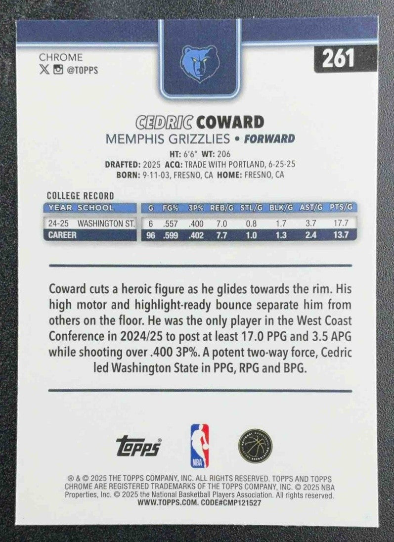 CEDRIC COWARD 2025-26 TOPPS CHROME #261 RC GRIZZLIES