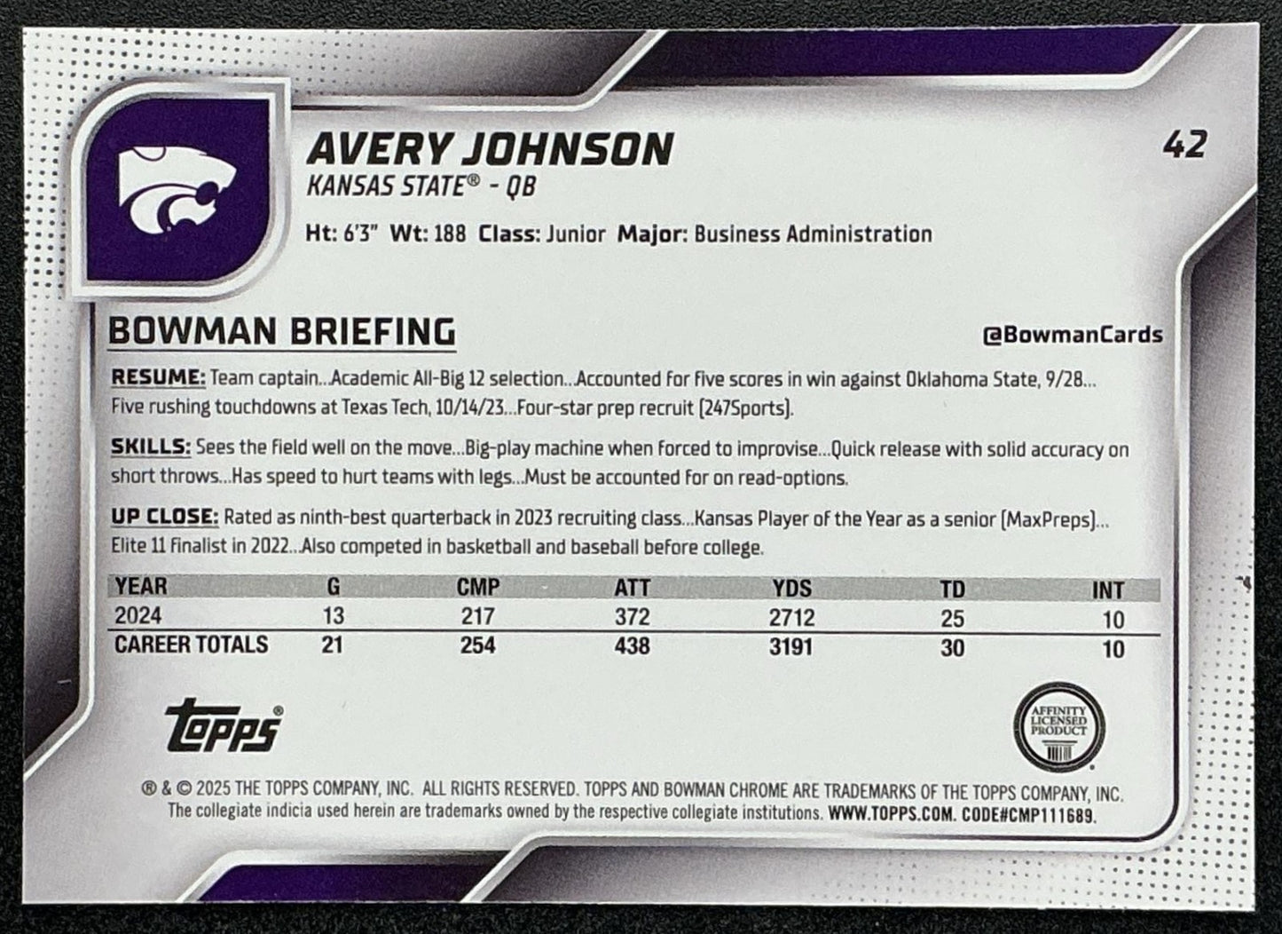AVERY JOHNSON 2025 BOWMAN CHROME UNIVERSITY SAPPHIRE #42 1ST PROSPECT WILDCATS