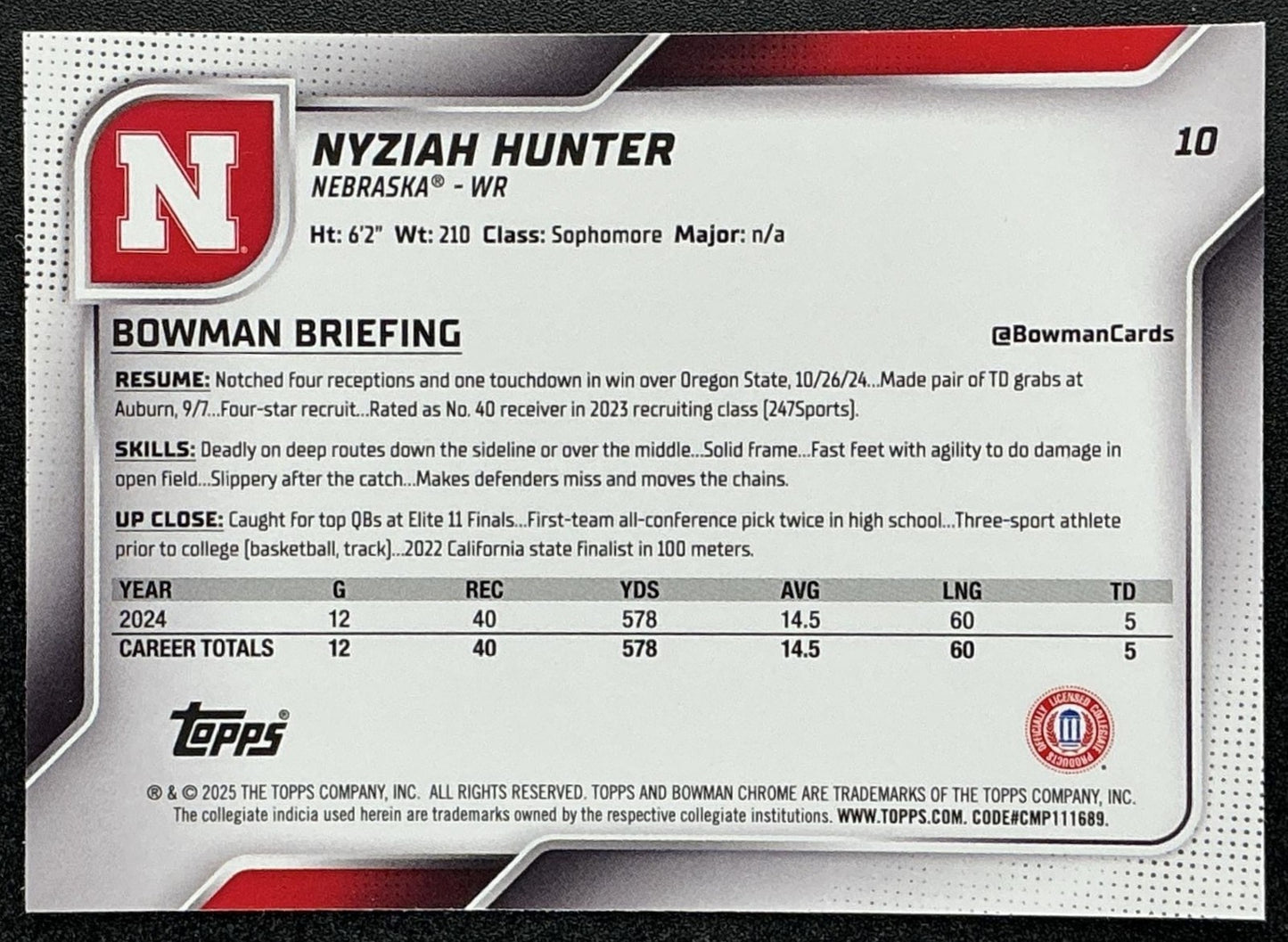 2025 Bowman Chrome University Sapphire Nyziah Hunter #10 1st Prospect