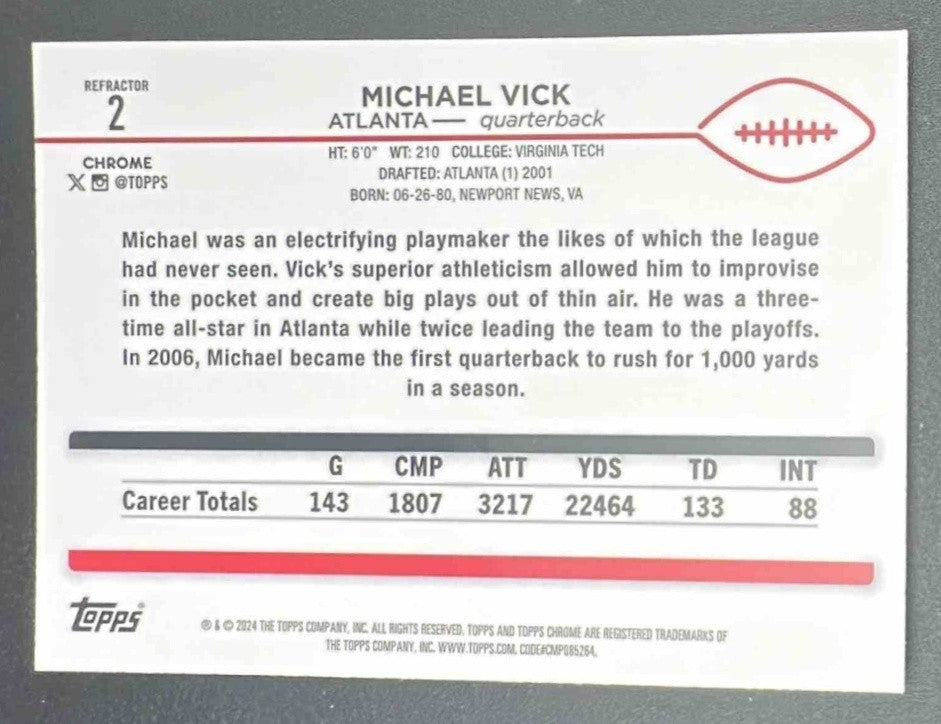 MICHAEL VICK 2024 TOPPS CHROME #2 REFRACTOR FALCONS