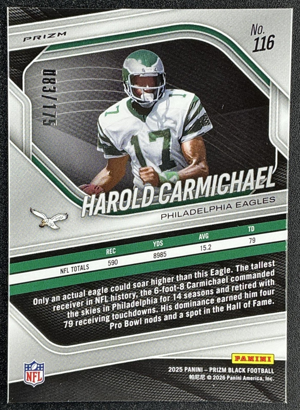HAROLD CARMICHAEL 2025 PANINI PRIZM BLACK #116 WHITE 83/175 EAGLES