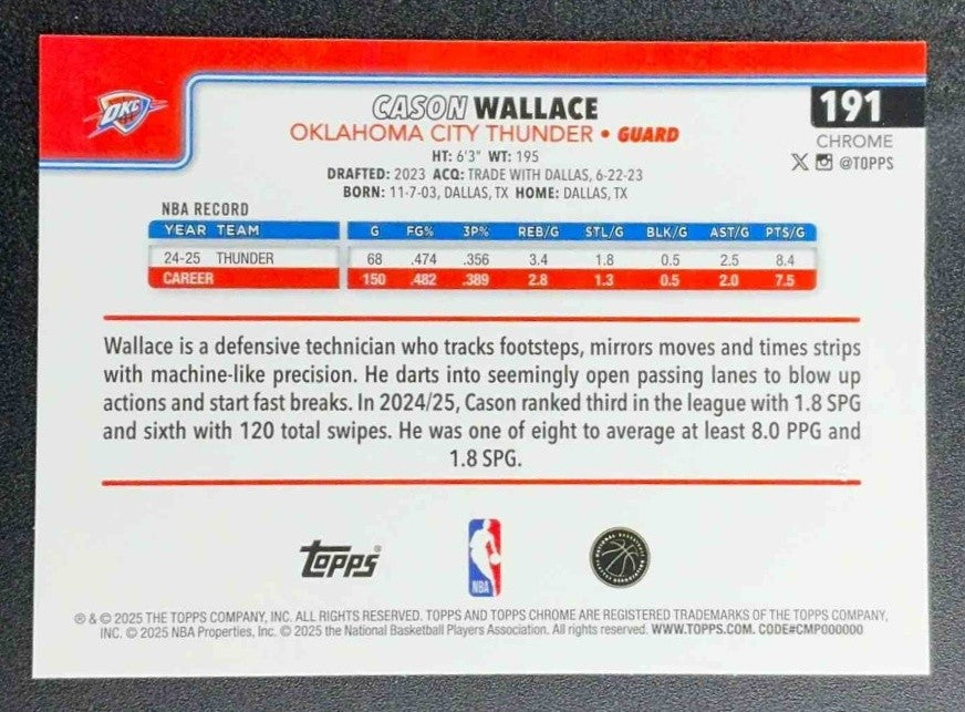 CASON WALLACE 2025-26 TOPPS CHROME #191 PURPLE REFRACTOR 3/75 THUNDER