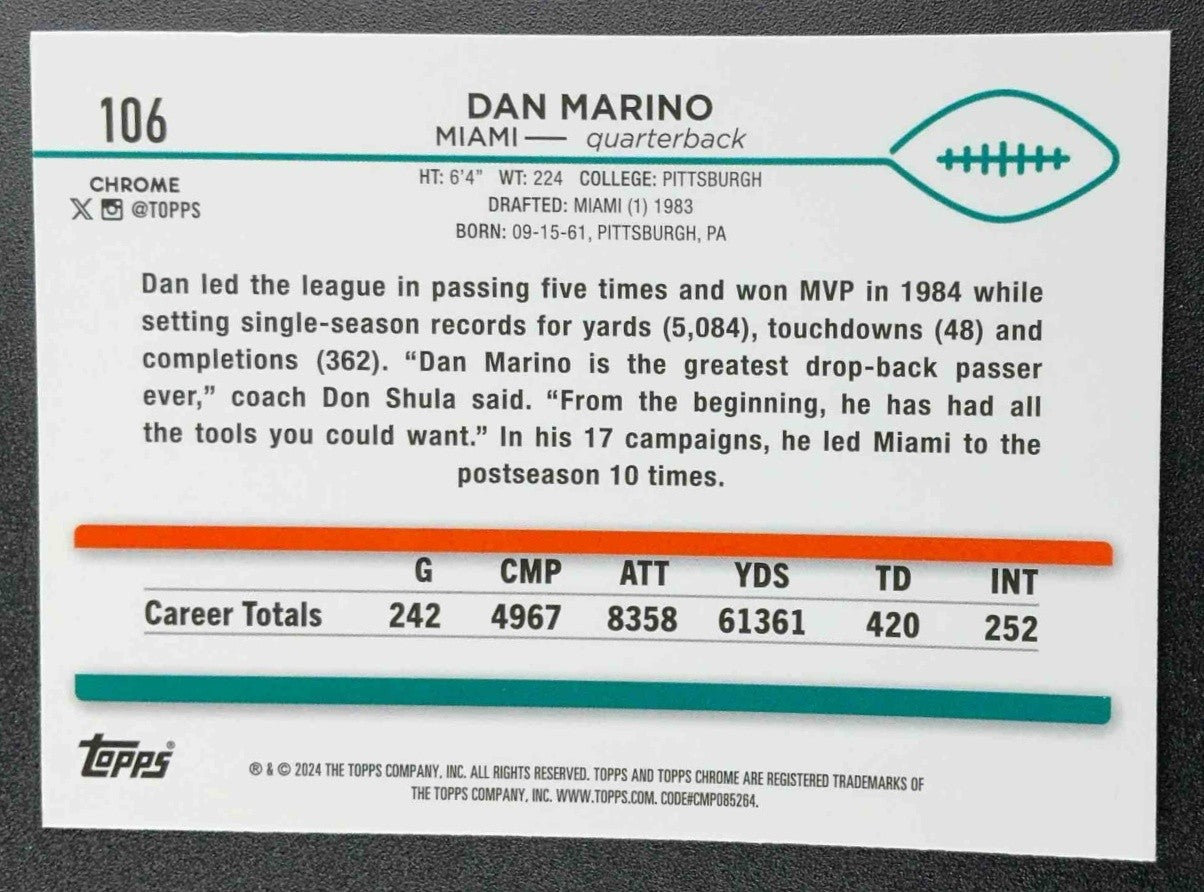 DAN MARINO 2024 TOPPS CHROME #106 PRISM REFRACTOR DOLPHINS