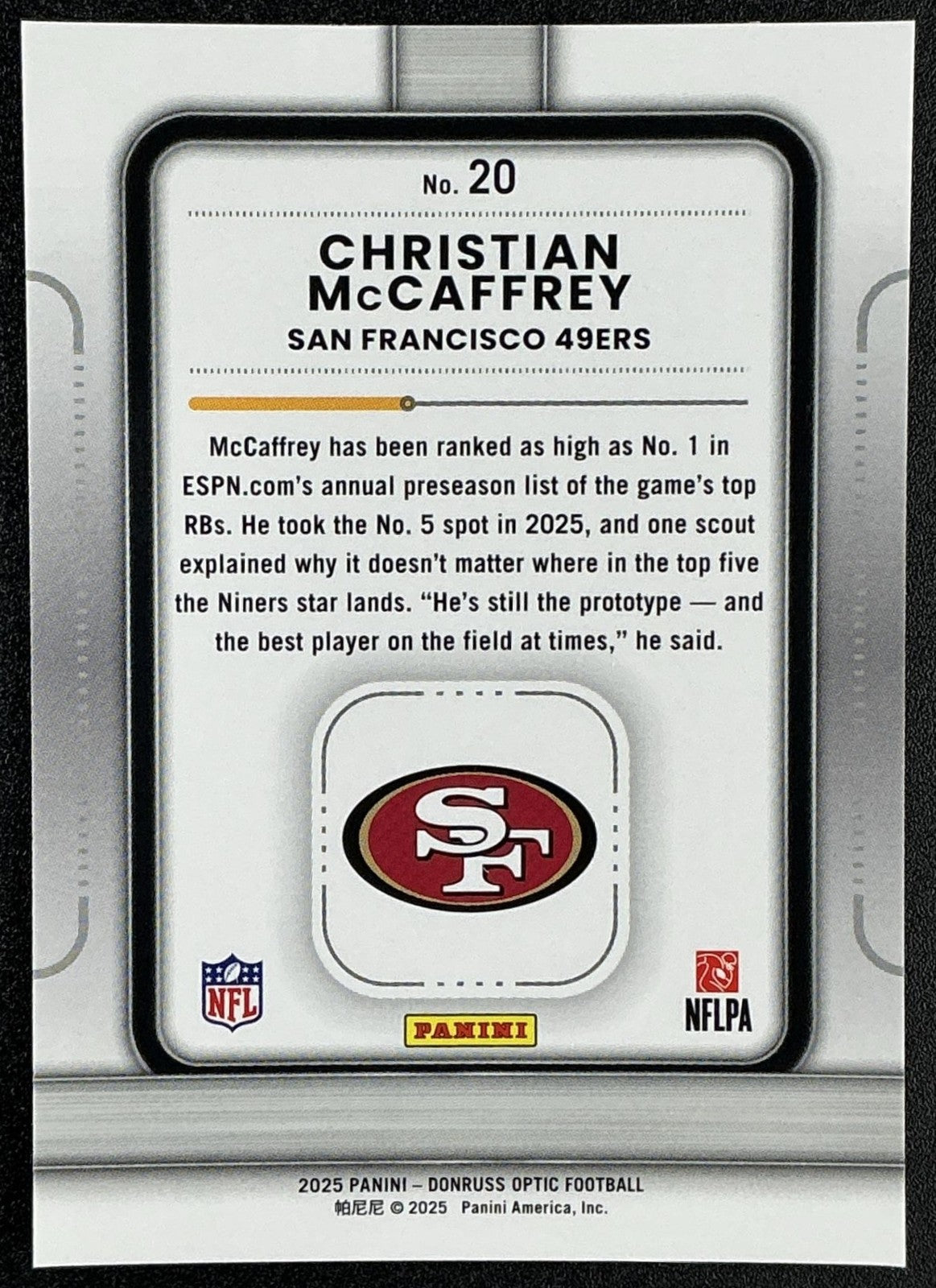CHRISTIAN MCCAFFREY 2025 PANINI DONRUSS OPTIC #20 PLAY ACTION 49ERS