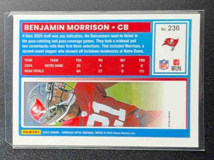 2025 Panini Donruss Optic Benjamin Morrison #236 Rated Rookie Blue Hyper Prizm