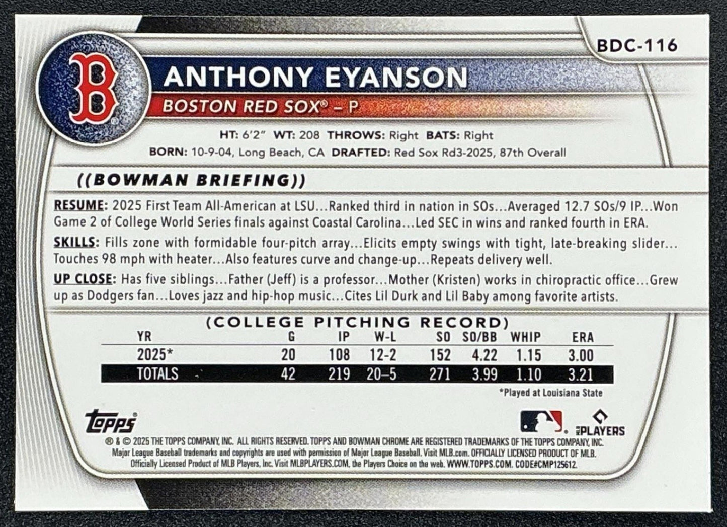 2025 Bowman Draft Anthony Eyanson #BDC-116 Chrome Sky Blue Refractor 1st