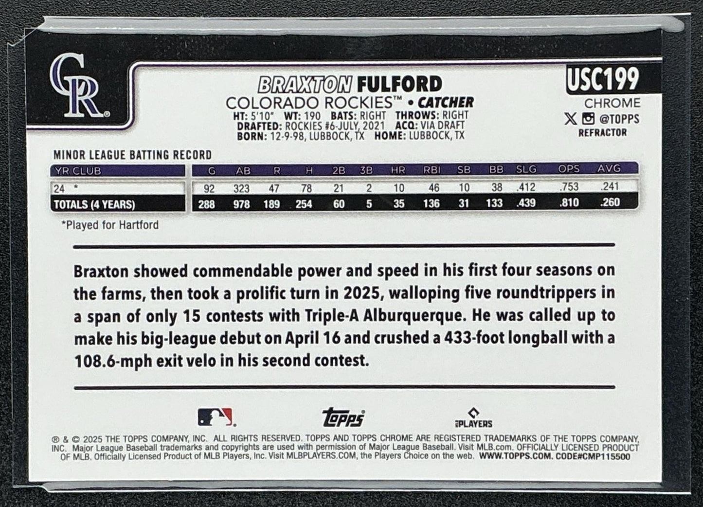 BRAXTON FULFORD 2025 TOPPS CHROME UPDATE #USC199 REFRACTOR RC ROCKIES