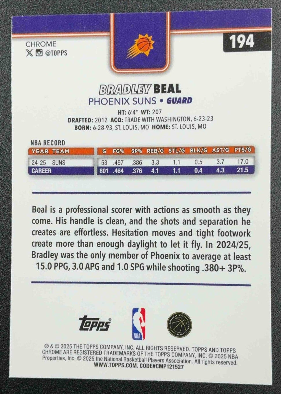 BRADLEY BEAL 2025-26 TOPPS CHROME #194 RED, WHITE & BLUE REFRACTOR SUNS