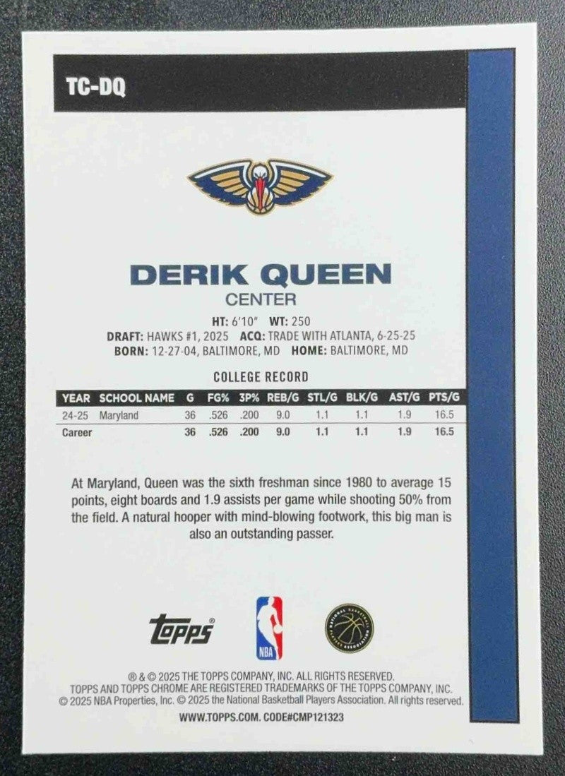 DERIK QUEEN 2025-26 TOPPS #TC-DQ 1980-81 CHROME MOJO REFRACTOR RC PELICANS