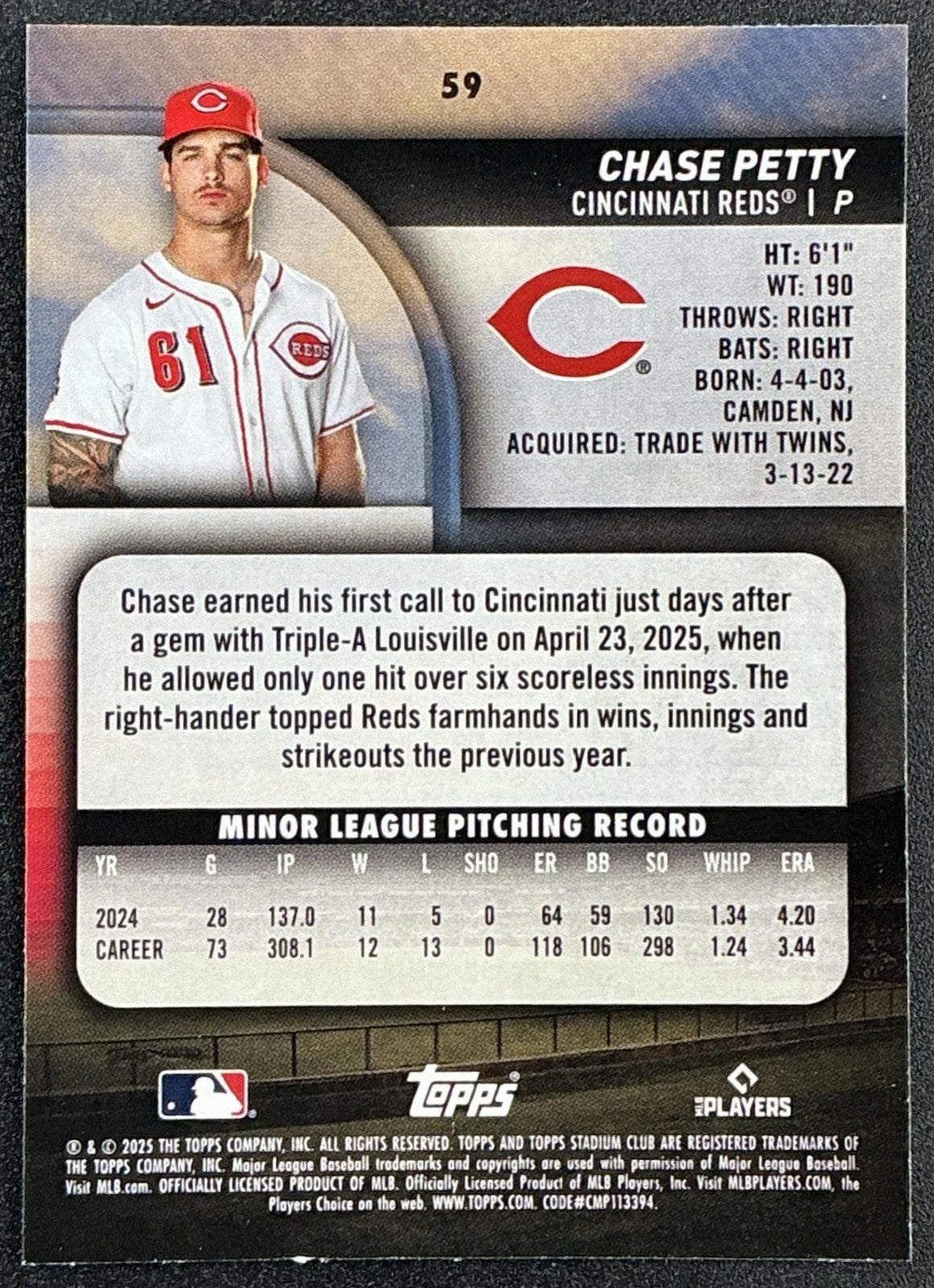 CHASE PETTY 2025 TOPPS STADIUM CLUB #59 RC REDS