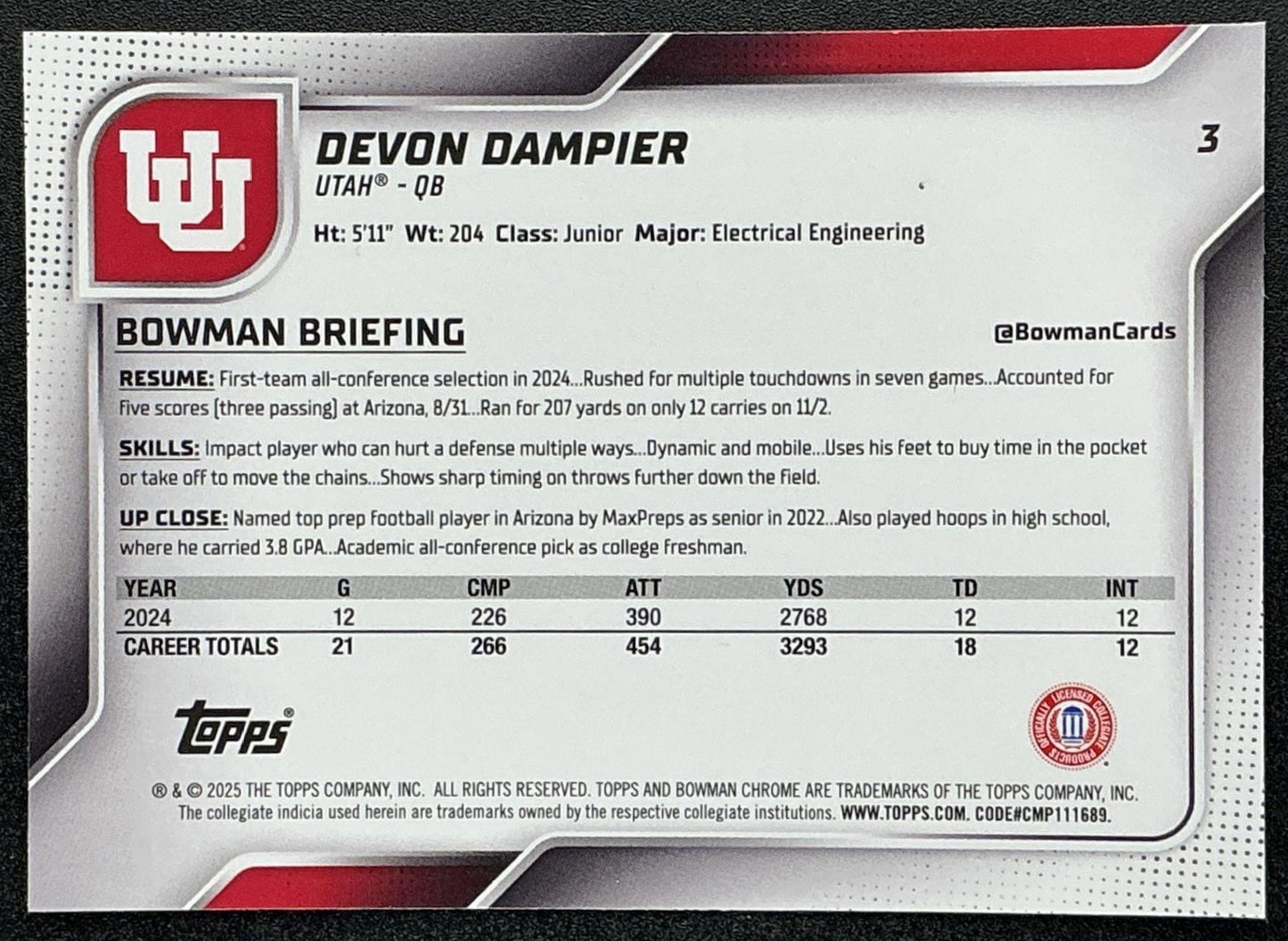 DEVON DAMPIER 2025 BOWMAN CHROME UNIVERSITY SAPPHIRE #3 1ST PROSPECT UTES