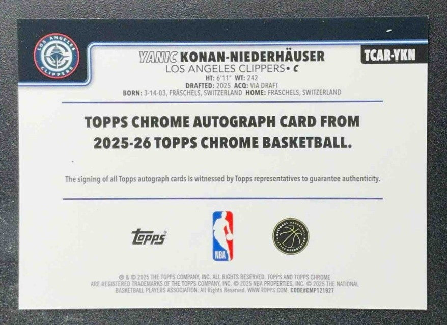 YANIC KONAN-NIEDERHAUSER 2025-26 TOPPS CHROME #TCAR-YKN ROOKIE AUTO RC CLIPPERS