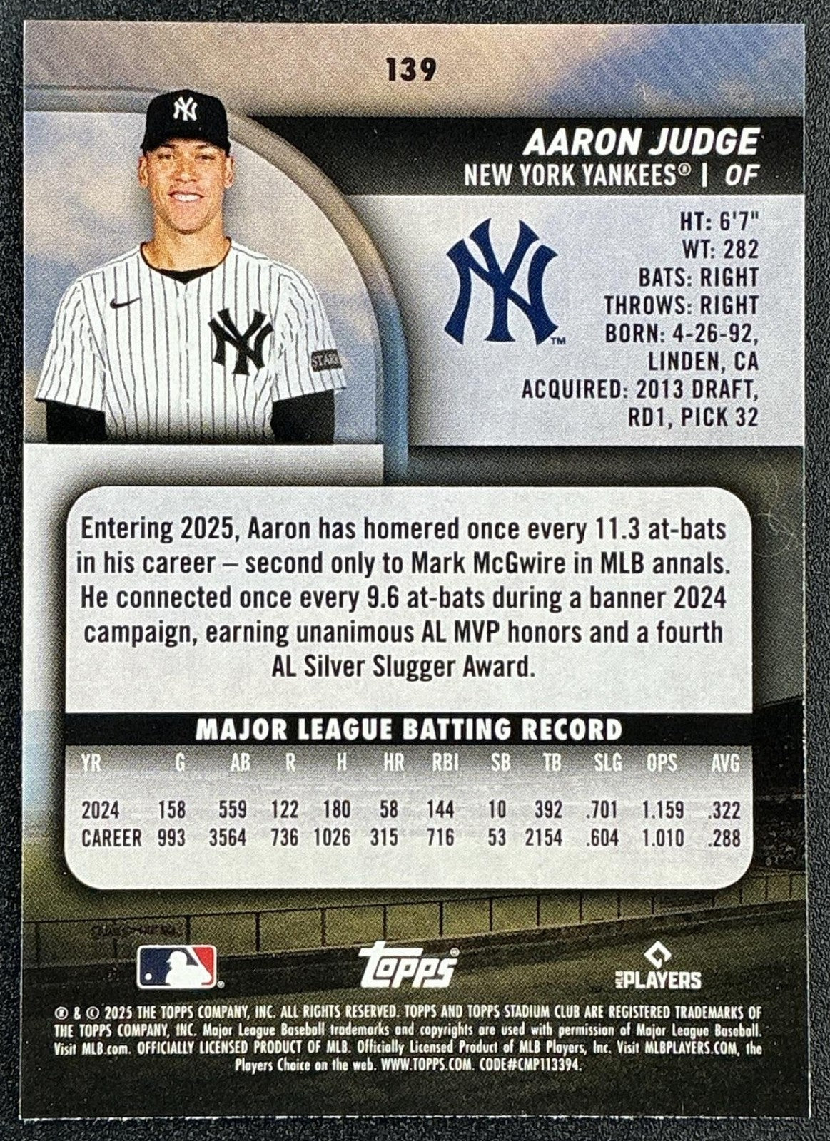 AARON JUDGE 2025 TOPPS STADIUM CLUB #139 YANKEES