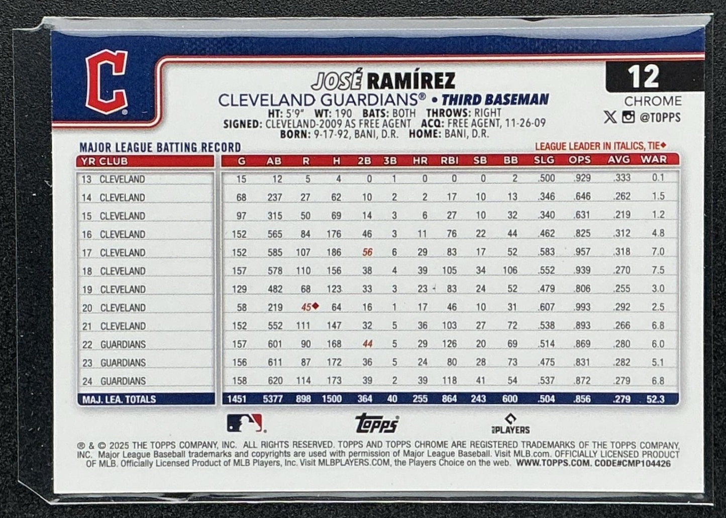 JOSE RAMIREZ 2025 TOPPS CHROME #12 REFRACTOR SEPIA GUARDIANS