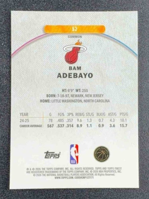BAM ADEBAYO 2025-26 TOPPS FINEST #52 COMMON HEAT