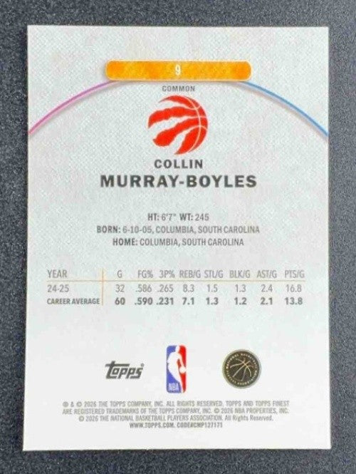 COLLIN MURRAY-BOYLES 2025-26 TOPPS FINEST #9 COMMON RC RAPTORS