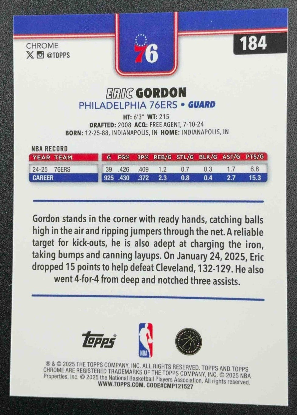 ERIC GORDON 2025-26 TOPPS CHROME #184 YELLOW REFRACTOR 178/275 76ERS
