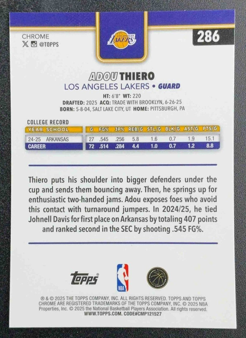 ADOU THIERO 2025-26 TOPPS CHROME #286 X-FRACTOR RC LAKERS