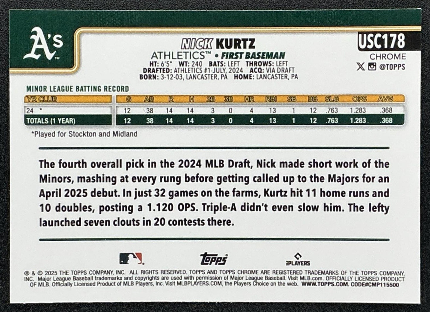 NICK KURTZ 2025 TOPPS CHROME UPDATE #USC178 RC ATHLETICS