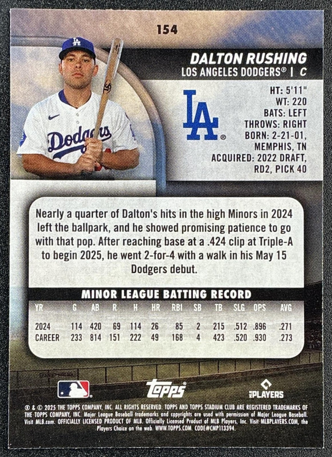 DALTON RUSHING 2025 TOPPS STADIUM CLUB #154 RC DODGERS