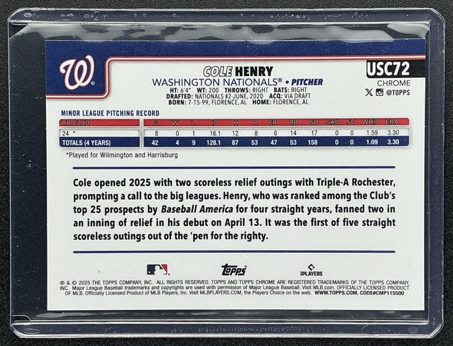 COLE HENRY 2025 TOPPS CHROME UPDATE #USC72 RAYWAVE REFRACTOR RC NATIONALS