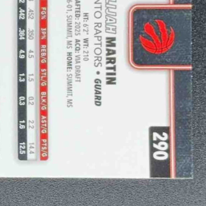 ALIJAH MARTIN 2025-26 TOPPS CHROME #290 BASKETBALL REFRACTOR RC RAPTORS
