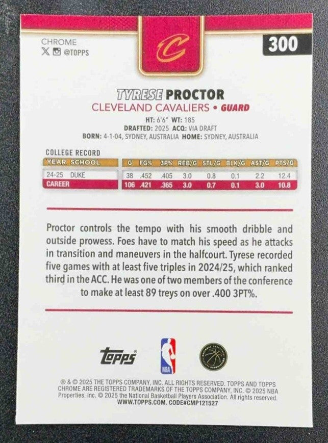 TYRESE PROCTOR 2025-26 TOPPS CHROME #300 PRISM REFRACTOR RC CAVALIERS