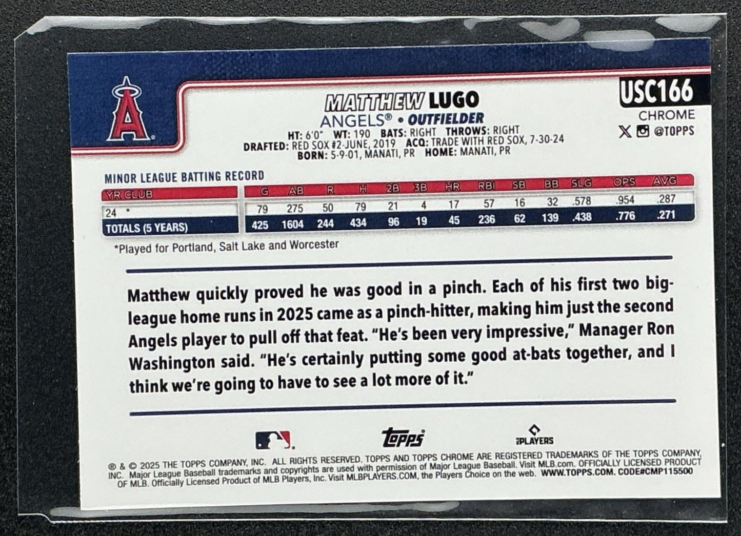 MATTHEW LUGO 2025 TOPPS CHROME UPDATE #USC166 SEPIA REFRACTOR RC ANGELS