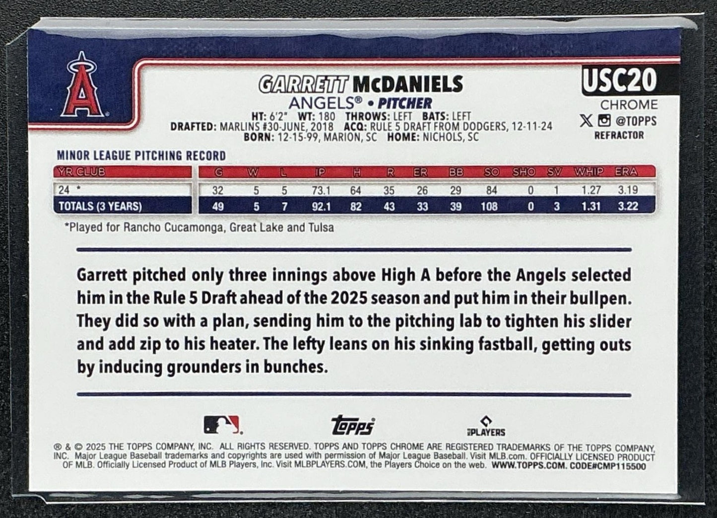 GARRETT MCDANIELS 2025 TOPPS CHROME UPDATE #USC20 REFRACTOR RC ANGELS
