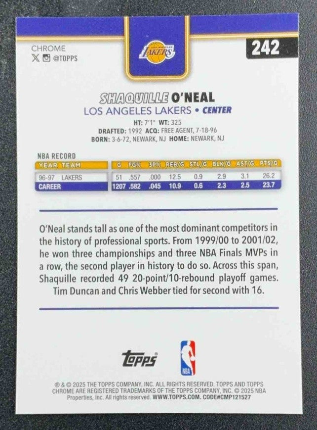SHAQUILLE O'NEAL 2025-26 TOPPS CHROME #242 X-FRACTOR LAKERS