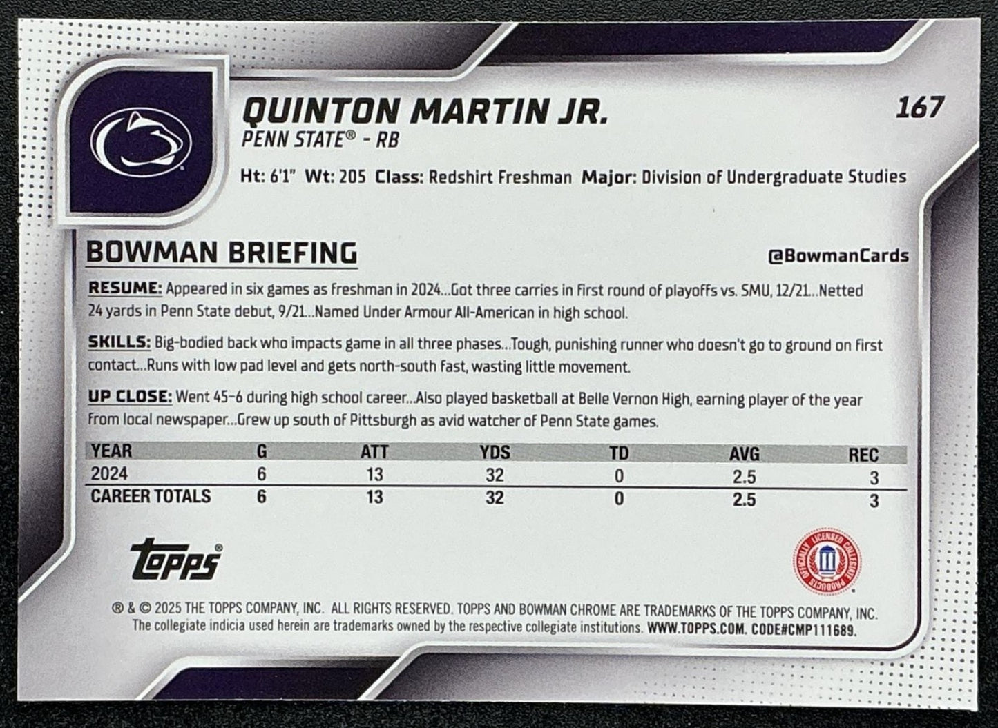 2025 Bowman Chrome University Sapphire Quinton Martin Jr. #167 1st Prospect