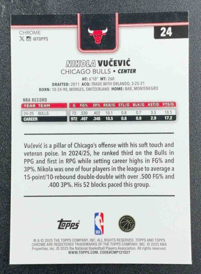NIKOLA VUCEVIC 2025-26 TOPPS CHROME #24 RED, WHITE & BLUE REFRACTOR BULLS