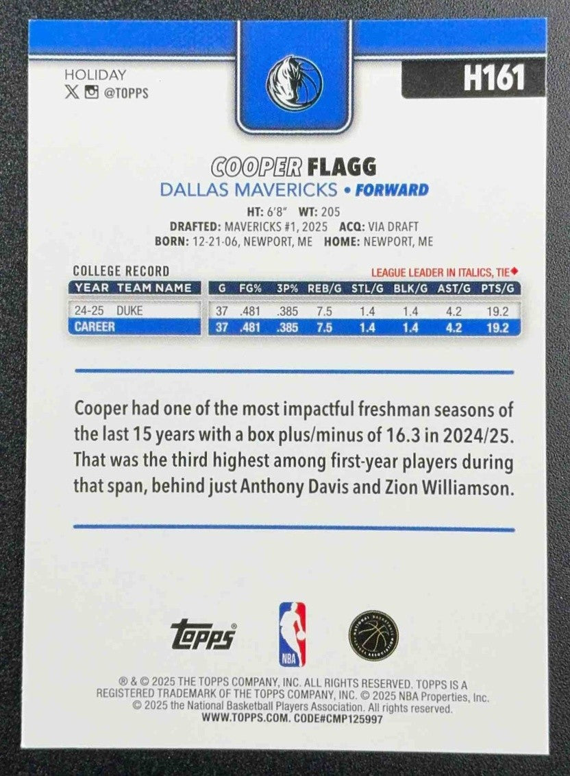 COOPER FLAGG 2025-26 TOPPS HOLIDAY #H161 RC MAVERICKS