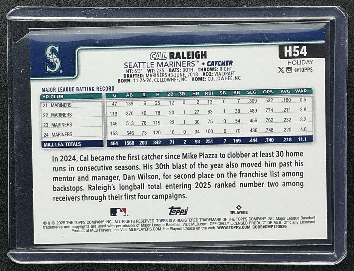 CAL RALEIGH 2025 TOPPS HOLIDAY #H54 BLUE METALLIC LIGHTS MARINERS