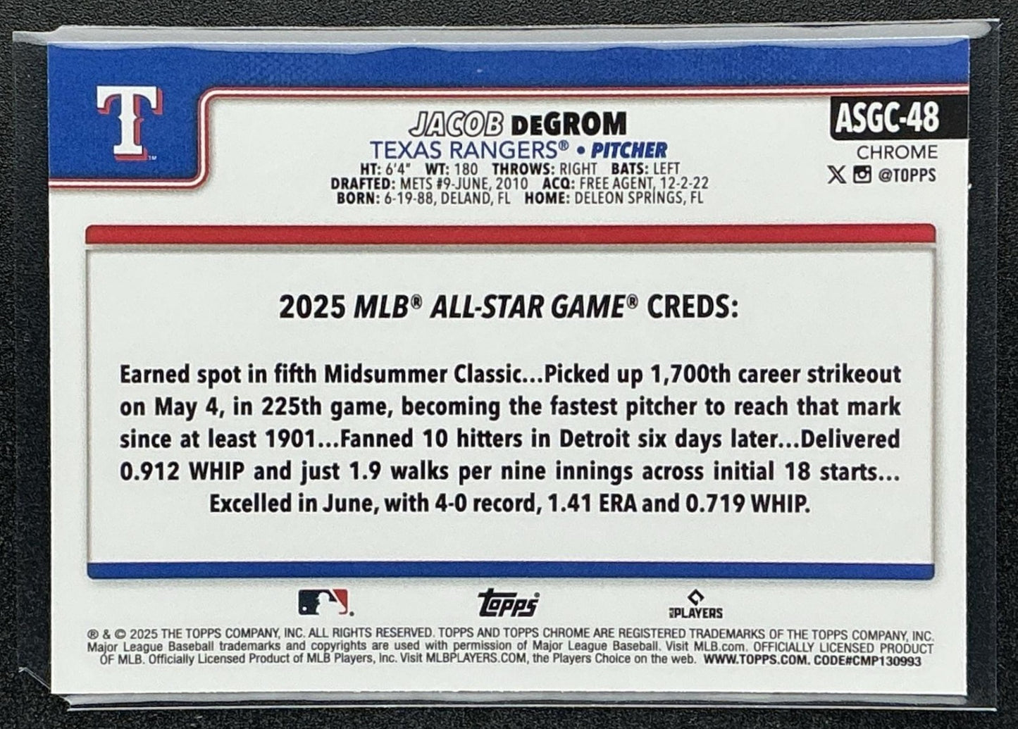 JACOB DEGROM 2025 TOPPS CHROME UPDATE #ASGC-48 ALL-STAR GAME RANGERS